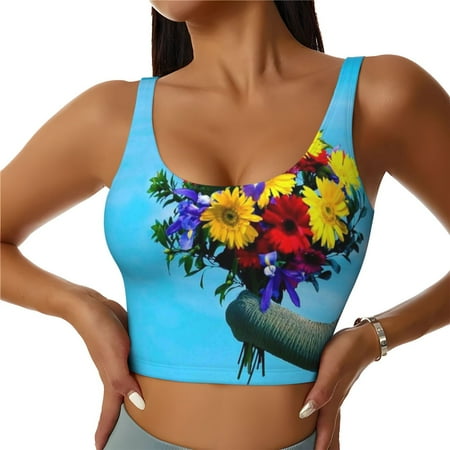 Jgfou Elephant Trunk Couple Flowers Print Womens Sports Bra - Padded Workout Sports Bras Crop Tank Top