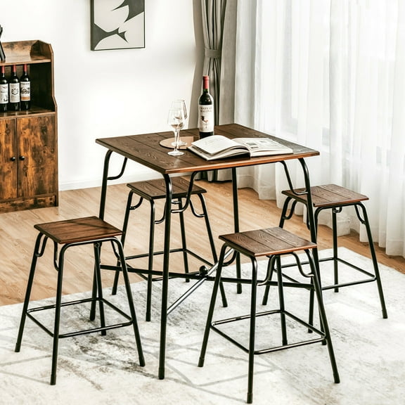 Gymax 5PCS Brown Bar Table Set Counter Height Dining Set w/ 4 Stools Rustic