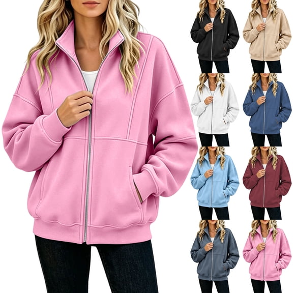 DIOAZUD Women's Zip up Sweatshirt Stand Collar No Hood Long Sleeve Fleece Cardigan with Pockets Solid Color Casual Fall Sweatshirts Jacket Gray S-XXL