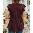 thumbnail image 4 of Mujeres casual Top ruffle manga corta V Masajeadores de cuello empalme suelta dobladillo acanalado señora blusa para las mujeres Primavera Verano vino rojo XL, 4 of 6
