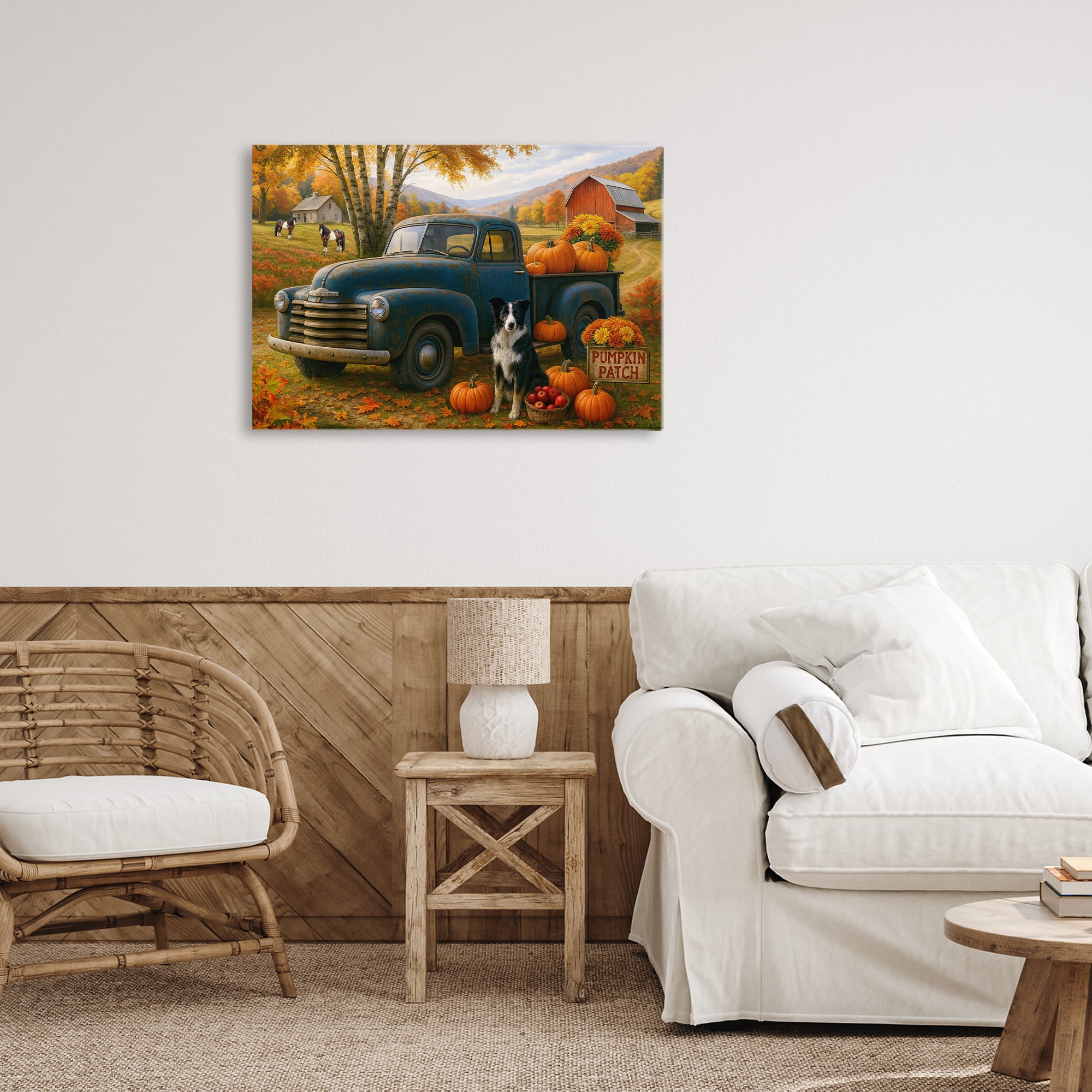 Autumnal Farmland Collie Dog Canvas Wall Art, design by Tom Crehan