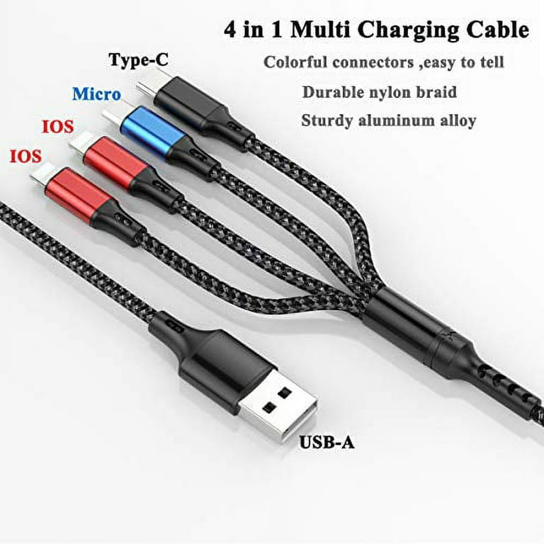 Cable de carga múltiple corto, cable de carga múltiple de 1 pie/2 unidades,  cable de carga múltiple 4 en 1, cargador múltiple, carga rápida con