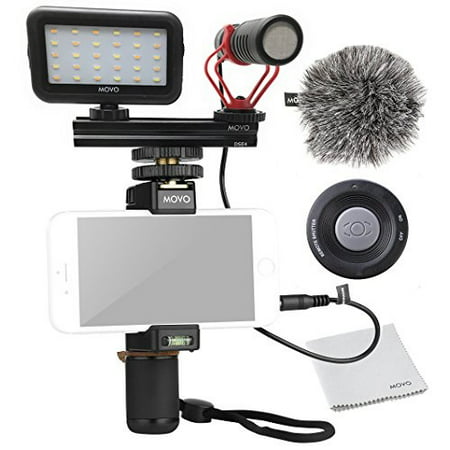 movo smartphone video kit v1 with grip rig, shotgun microphone, led light & wireless remote - for iphone 5, 5c, 5s, 6, 6s, 7, 8, x, xs, xs max, samsung galaxy, note & (Best Shotgun Mic For Voice Over)