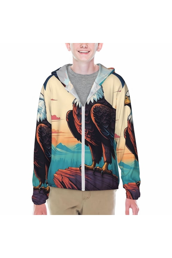 Cartoon Iceberg Bald Eagle Print Sun Protection Jacket Hooded Cooling Shirt with Pockets Hiking Outdoor Performance-Small