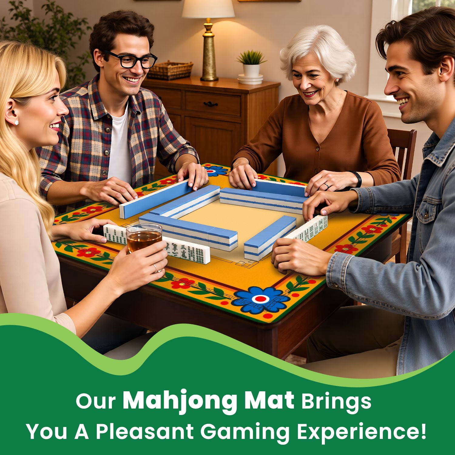 Mahjong Mat 31.5" x 31.5" Colorful Folk Art Floral Border Blue Red Flowers Orange Non-Slip Noise Reduction American Mahjong Tiles Table Cover for Dominoes Poker Card Board Games Gift