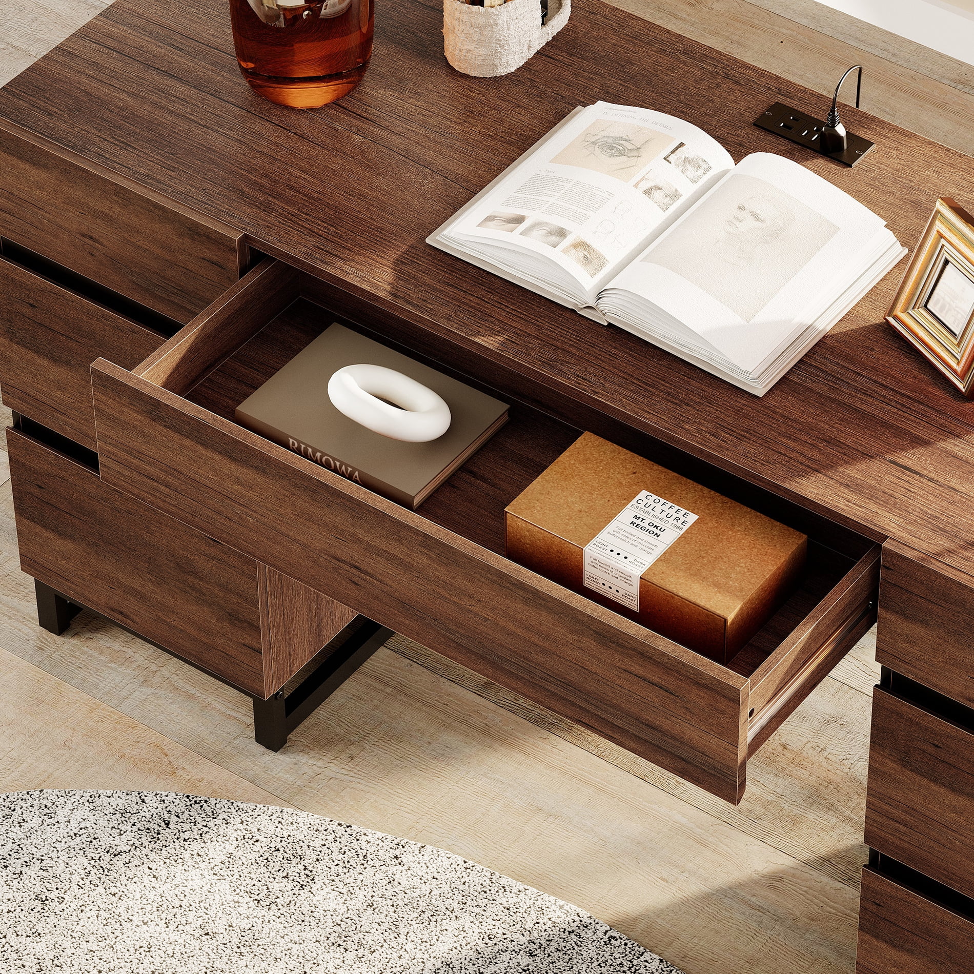 WAMPAT 59" Rustic Brown Modern Executive Desk with Drawers & Charging Station, Wood Computer Writing Desk with File Drawer, Study Table for Bedroom, Living Room & Home Office