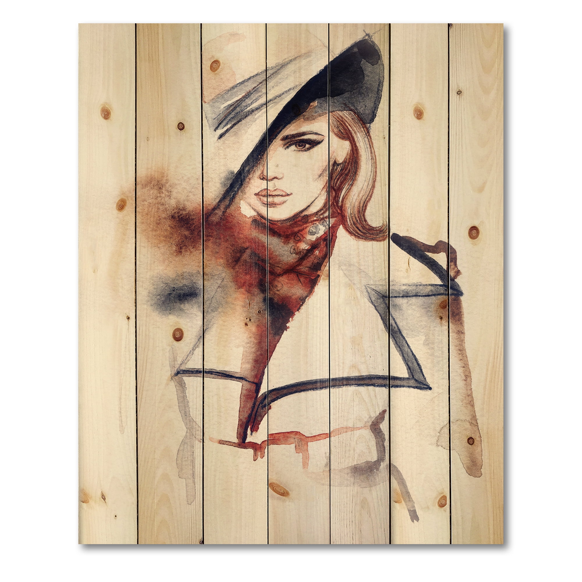 Designart 'Fashion Portrait of Woman Wearing Hat' Modern Print on Natural Pine Wood