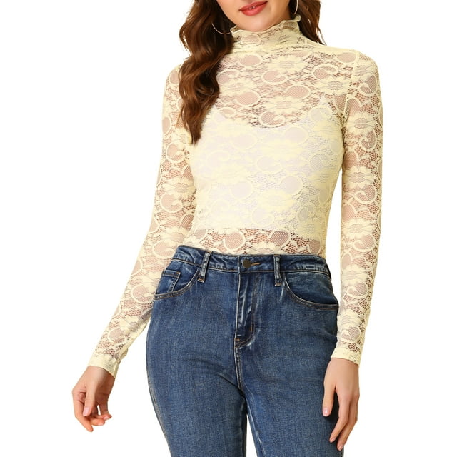 INSPIRE CHIC Haut Transparent pour Femme à Manches Longues Col Roulé Blouse en Dentelle Florale Transparente TP Beige