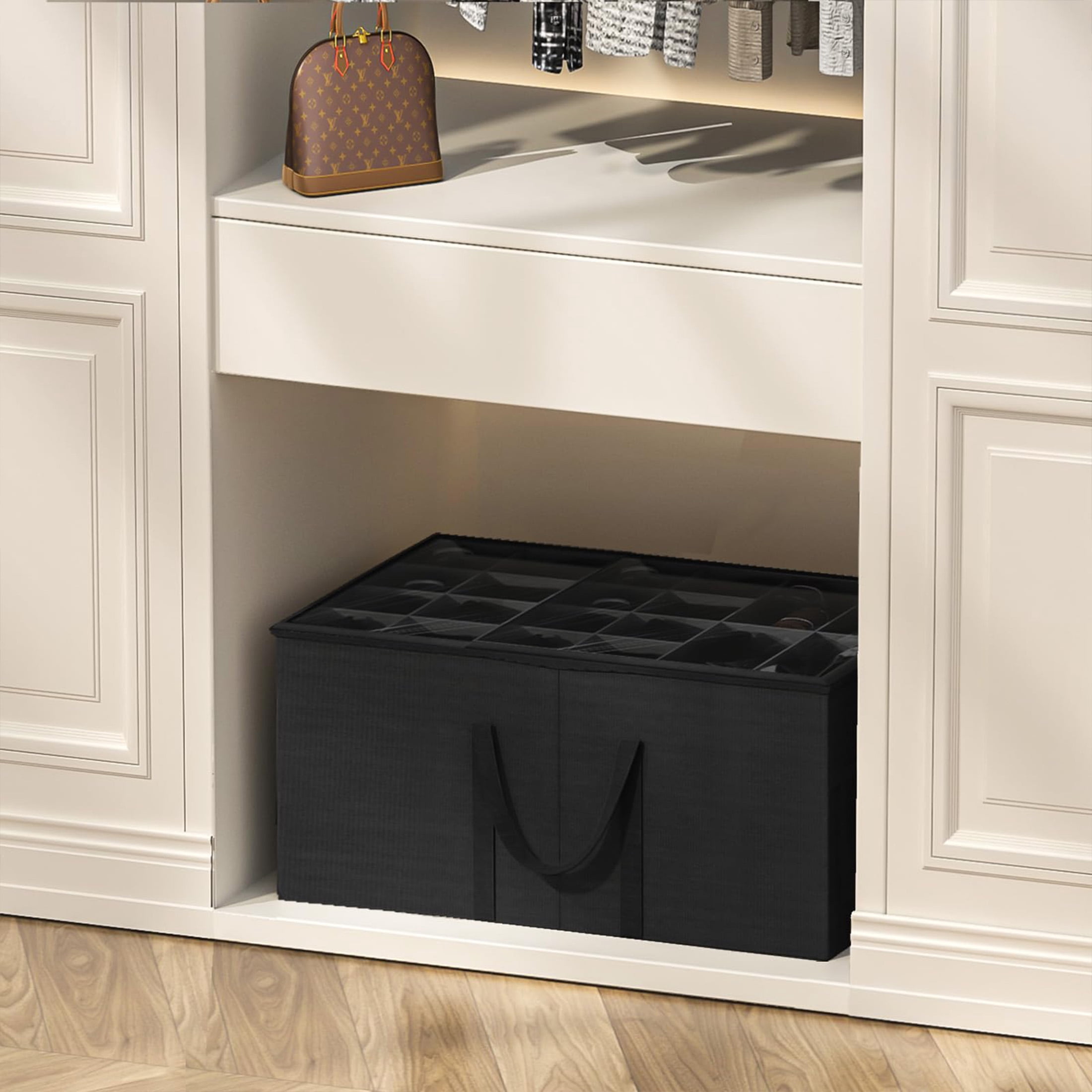 Aokeyee Shoe Shelf, 2 Pack Large Shoe Storage Box Fits up to 24-48 Pairs Foldable with Clear Cover and 4 Reinforced Handles, Black