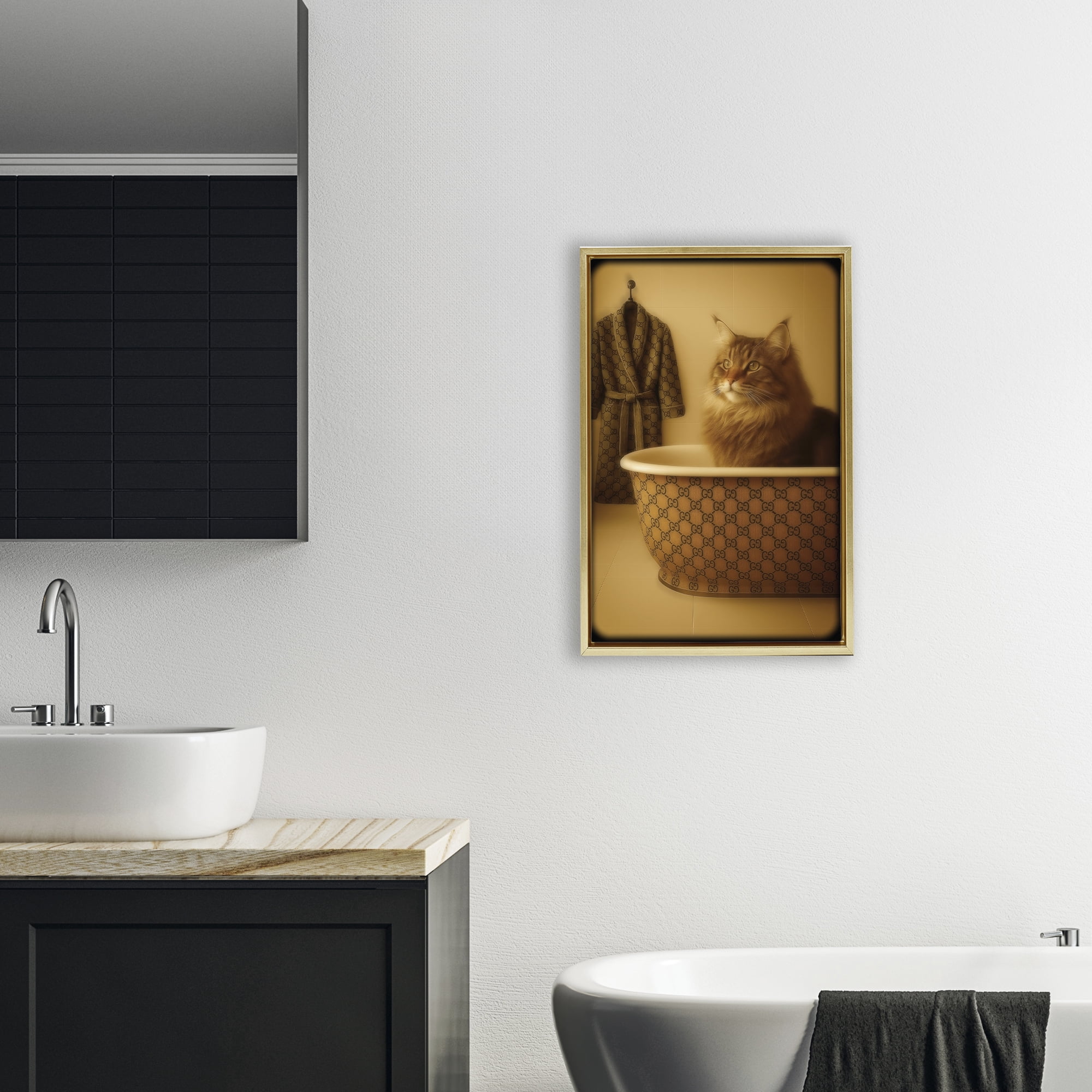 Stupell Industries Couture Main Coon in Luxury Tub Gold Framed Floater Canvas Wall Art, design by Grotto Studios
