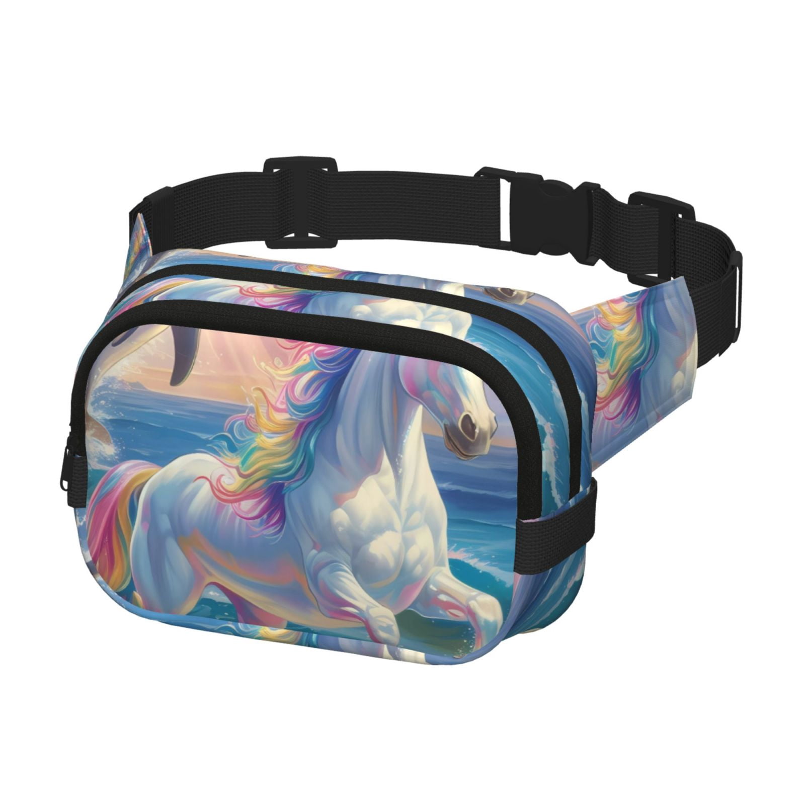 Picia Dolphin Rainbow Horse Print Square Double-Layer Waist Bag Mini Adjustable Waist Belt Bag Exercise Running Travel Hiking