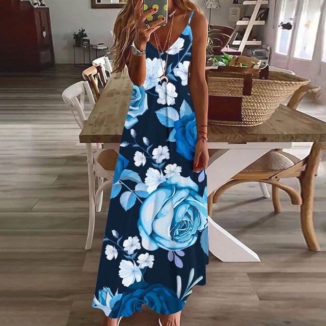 Drppepioner Robes Femmes d'Été Décontracté Sans Manches Robes Lâches Tournesol Floral Robe Bleue 12(XXL)