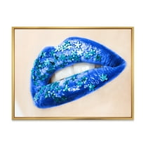 Designart 'Beautiful Woman Lips Blue With Flowers' Modern Framed Canvas Wall Art Print