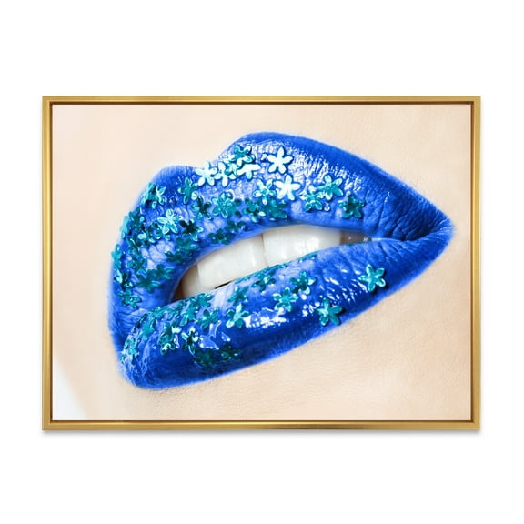 Designart 'Beautiful Woman Lips Blue With Flowers' Modern Framed Canvas Wall Art Print