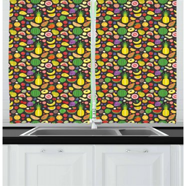 Fruit Curtains 2 Panels Set, Summer Watermelon Lemon Kiwi Apricot Cherry Sweet Pine Apple Banana Kitchen Menu, Window Drapes for Living Room Bedroom, 55W X 39L Inches, Multicolor, by Ambesonne