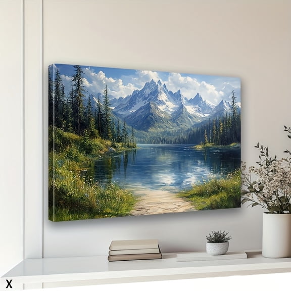Framed, magnificent mountain lake forest landscape canvas art wooden frame wall decoration, suitable for living room, bedroom, kitchen, and office, ideal Christmas gift.