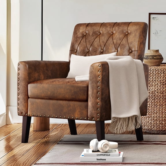Carolayne 18.5"H Faux Leather Accent Chair with Dark Coffee Legs for Living Room Office, Yellowish Brown