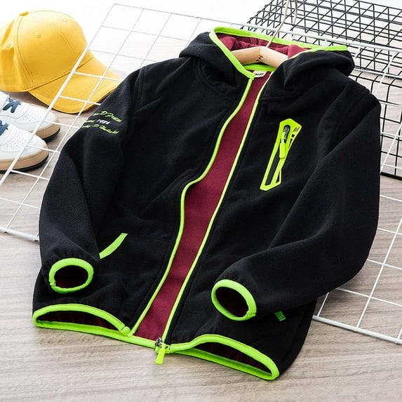 Boys' Black and Green Hooded Jacket with Soft Interior, Lightweight Wind-Resistant Outerwear for Active Winter Activities
