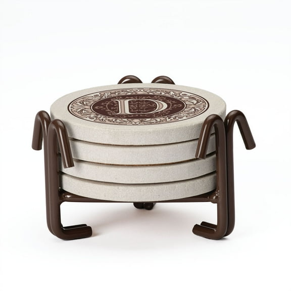 Thirstystone 4-Pack Monogram Letter D Sandstone Coasters in iron Holder