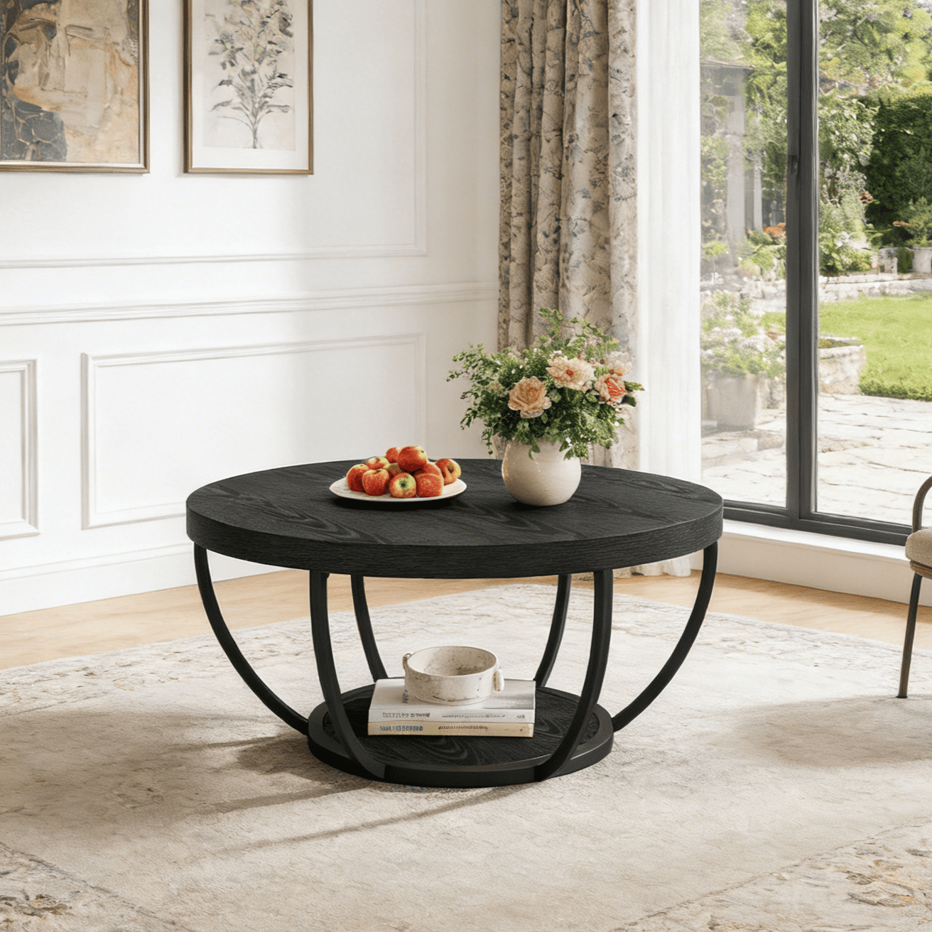Fnova Coffee Table with 2 - Tier Storage, 32" Round Wood Coffee Table with Metal Legs, Modern Rustic Style Center Table for Living Room, Dark Black