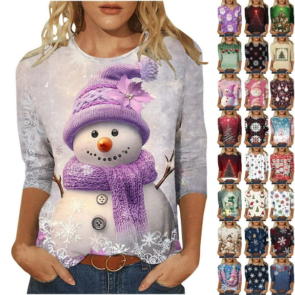 VKOYWKM Christmas Shirt Women 3/4 Length Sleeve Tops Christmas Snowman Graphic Tees Loose Fit Crew Neck Fall T-Shirts Holiday Gift Top