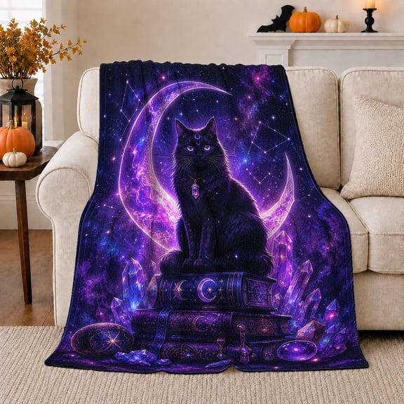 Mystical Celestial Black Cat Crescent Moon Fantasy, Mystical Pet Portrait Pattern, Warm Flannel Blanket for Living Room and Reading Nook, Cat Lovers Friendship Gift, Pet Lover Home Decor