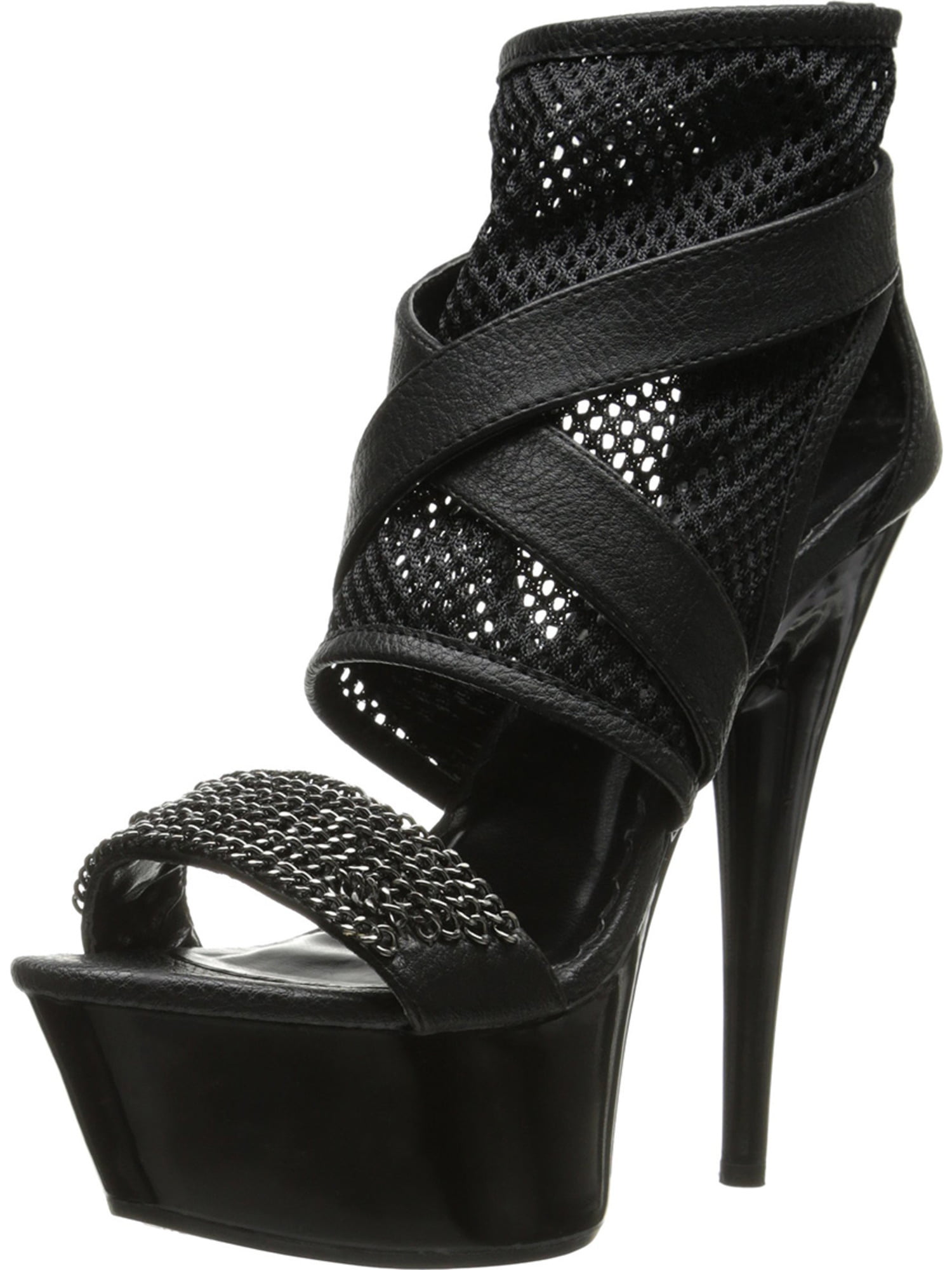 Black Faux Leather Sandals with Fishnet 
