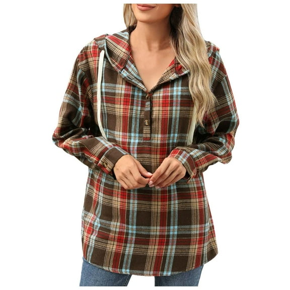 Womens Button Up Hoodies Fall Winter Fashion Plaid Printed Pullover Shirts Long Sleeve Casual Hooded Tops