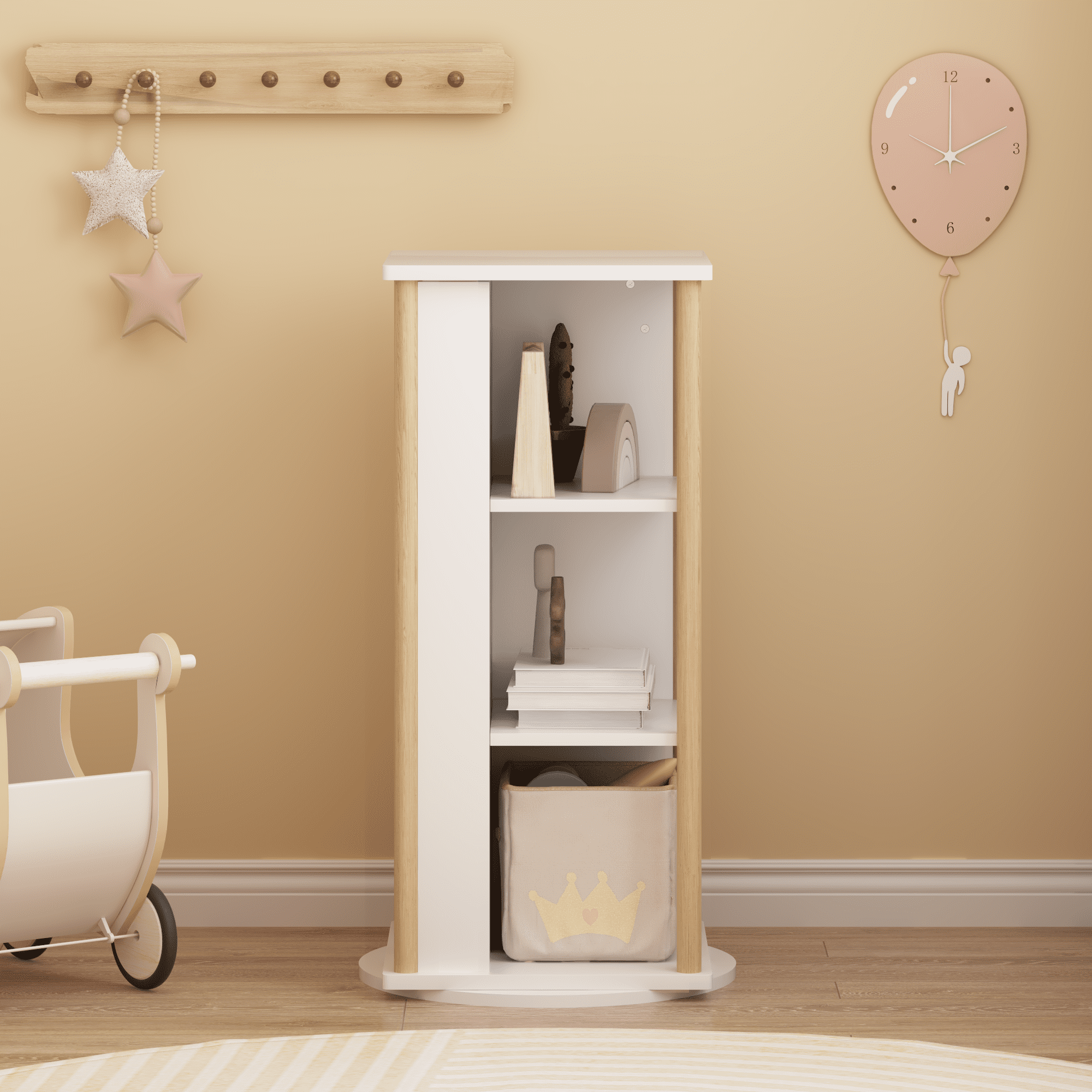 360° Rotating Kids Bookshelf with Chalkboard, 3-Tier Wood Floor Revolving Bookcase & Toy Storage Organizer, Picture Book Display Stand for Toddlers, Nursery & Playroom, White and Natural