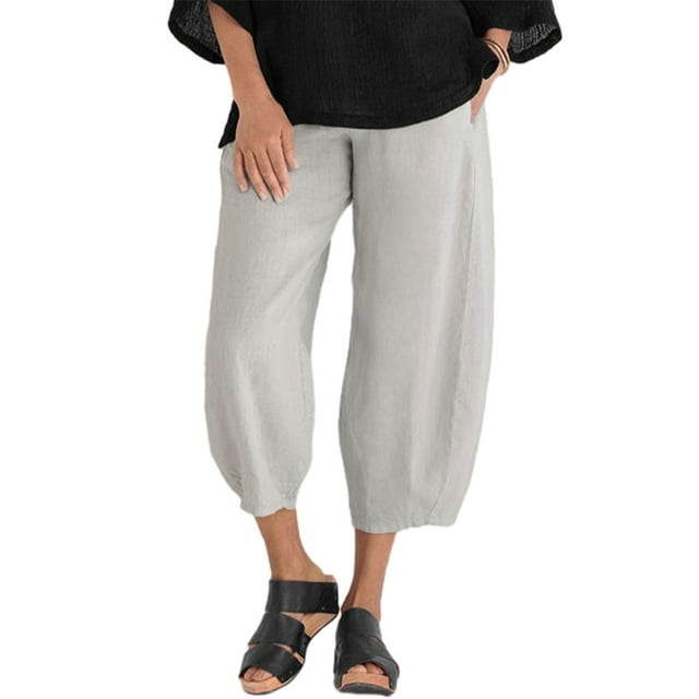 Pantalones casuales Sonducket de mujer cintura elástica suelta poliéster algodón lino gris XXL