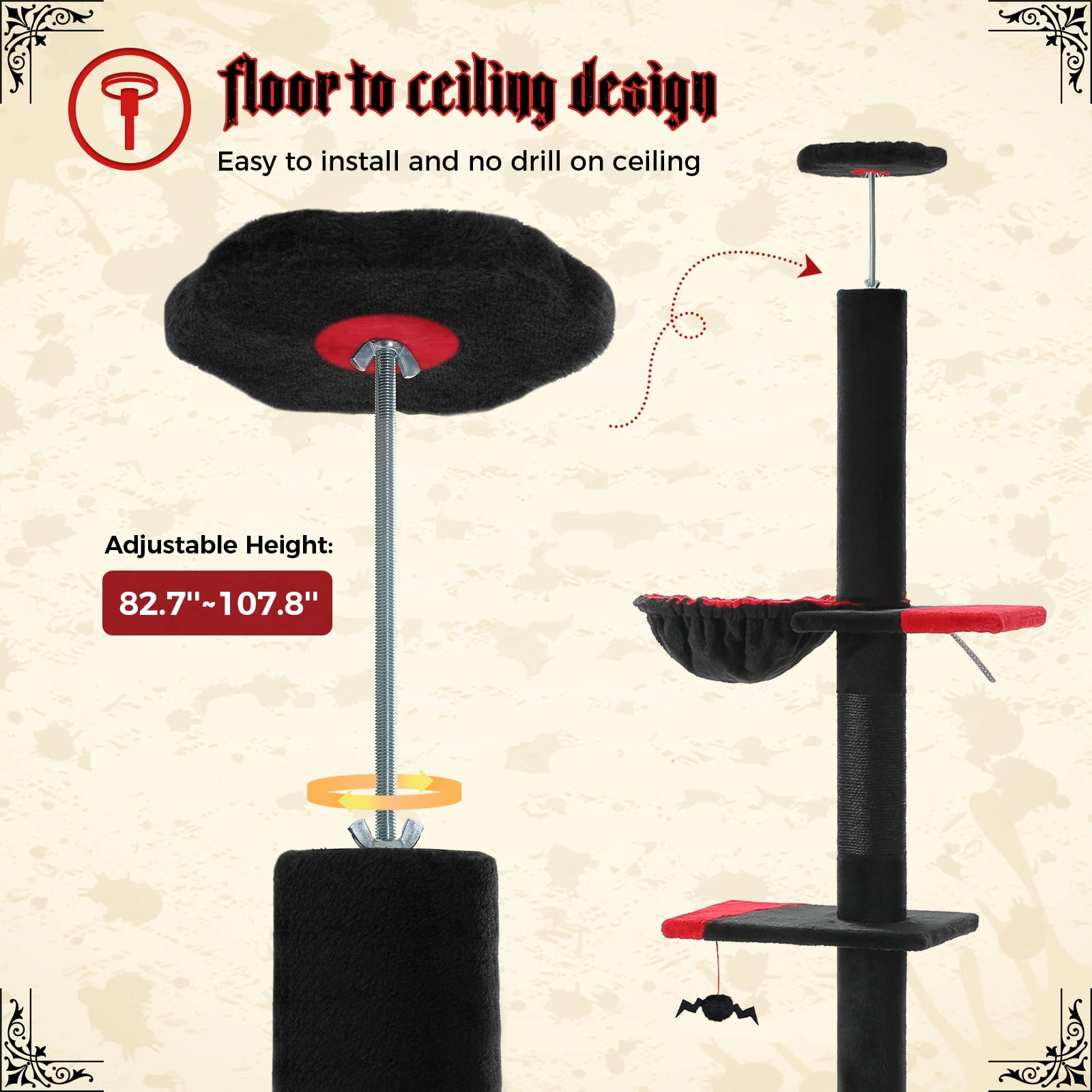 Pefilos 5 Tiers Gothic Cat Tree Floor to Ceiling, Adjustable Height (83"-108") Climbing Cat Tower for Indoor Cats with Condo, Scratching Post, Black