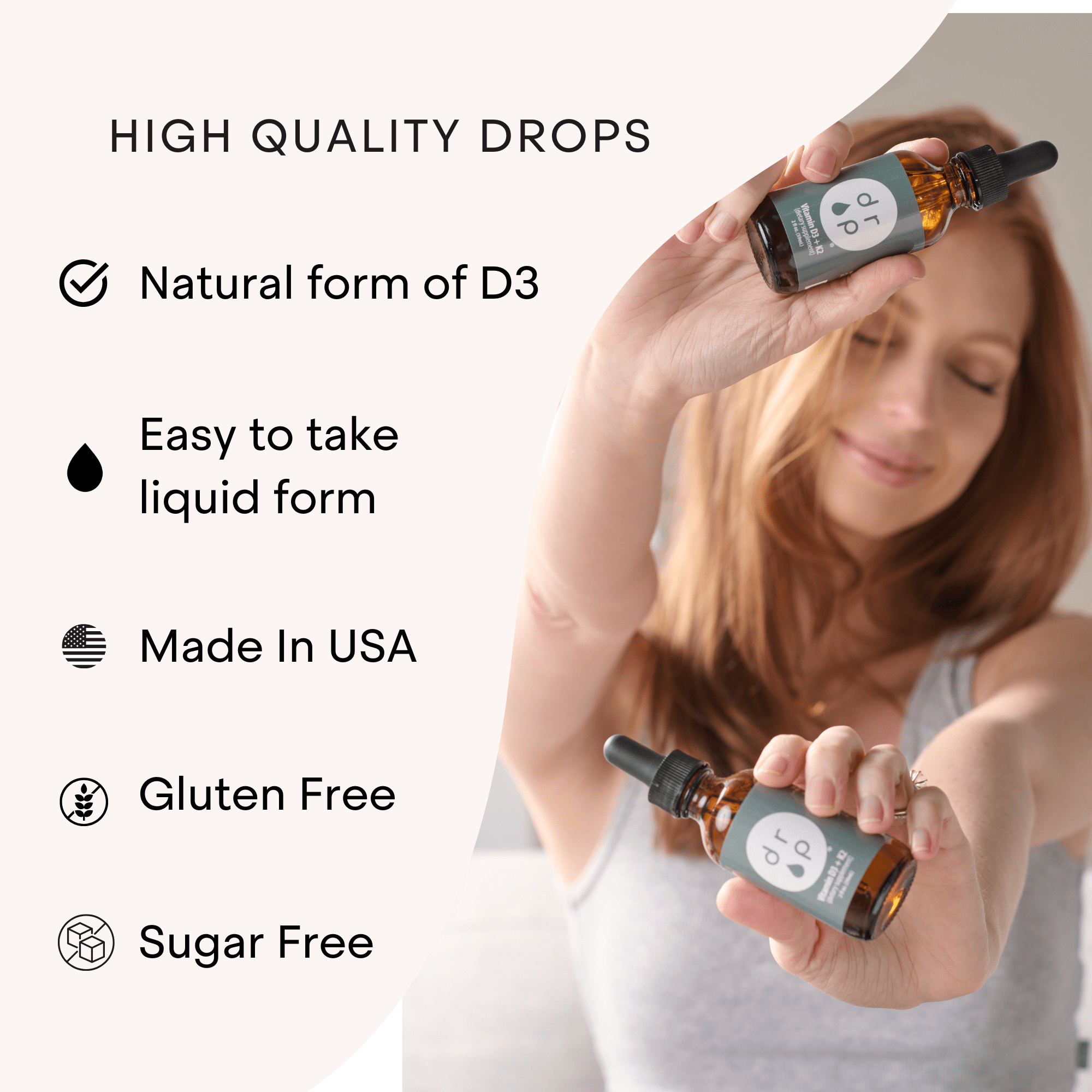 Drop Supplements Vitamin D3 + K2 Drops with 1000 IU of Plant Based D3 and 45 mcg of K2, 2 oz Liquid Supplement for Bone Strength, Improved Mood - No Artificial Preservatives, Unflavored, with MCT Oil