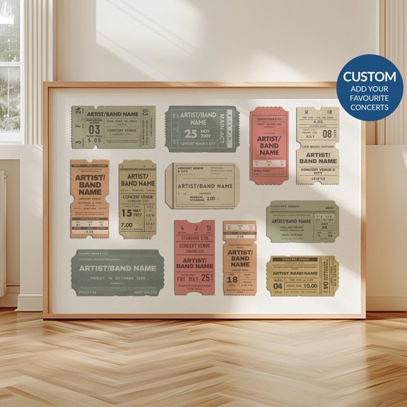 Custom Concert Ticket Stub Poster Personalized Retro Memory Wall Art Landscape Music Print