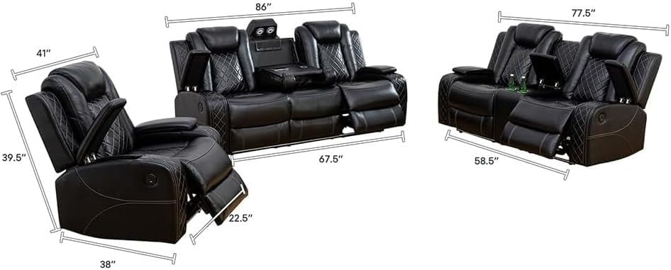 Luxurious Black Leather Sectional Sofa Set with LED Lights, Cup Holders, USB Port - Power Recliner & Storage Consoles Modern Style Comfortable Living