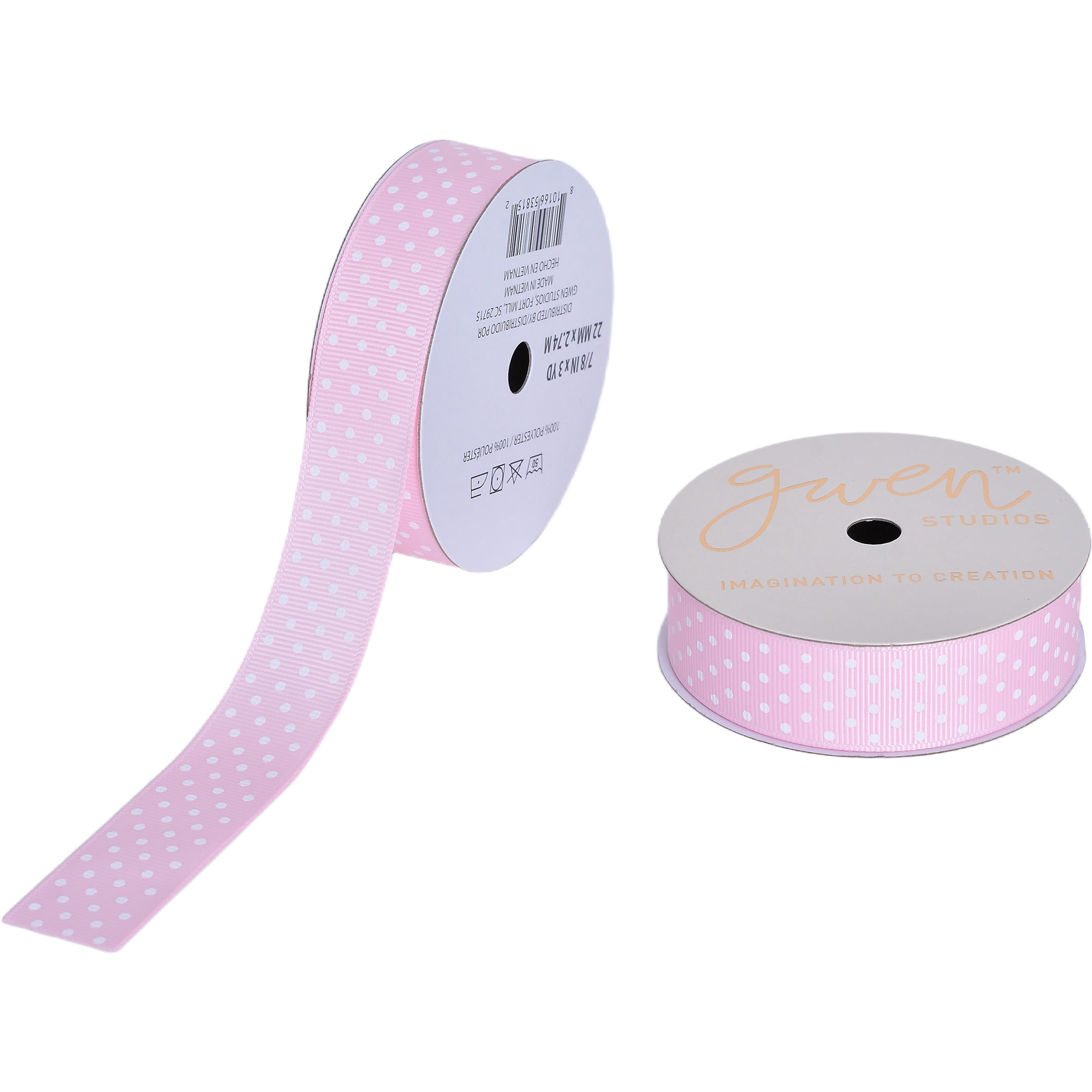 Gwen Studios 7/8" Pink with White Dots Grosgrain Ribbon, 3 Yards
