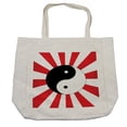 thumbnail image 1 of Ying Yang Shopping Bag, Traditional Themed Ying Yang on Chinese Rising Sun Burst Pattern Print, Eco-Friendly Reusable Bag for Groceries Beach and More, 15.5" X 14.5", Cream, by Ambesonne, 1 of 2