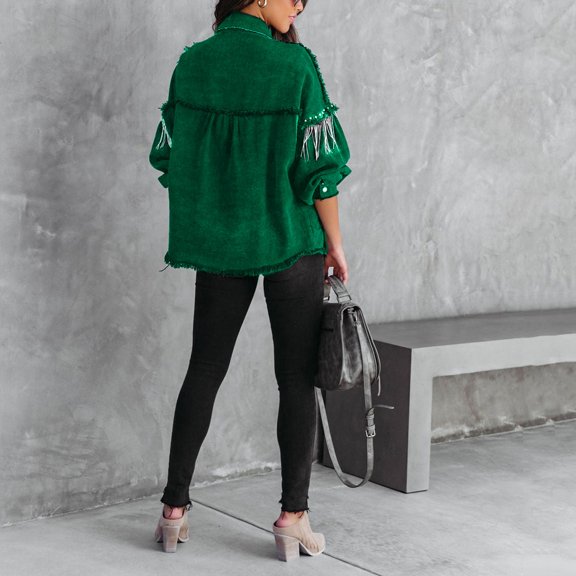 Vedolay Tops for Women Casual Women's Oversized Fringe Jean Jacket Long Sleeve Denim Jackets,Green M