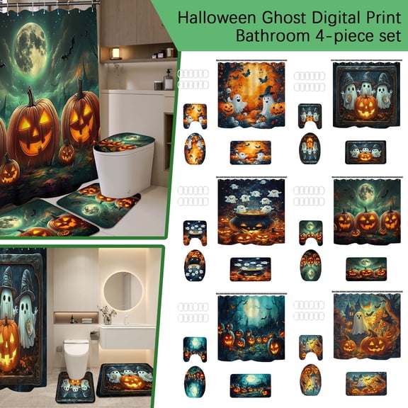 Halloween Bathroom Set, Bathroom Decor Set, Halloween Shower Curtain Set, Fall Decorations for Bathroom, Waterproof Shower Curtain with Digital Ghost and Jack-O-Lantern Print,