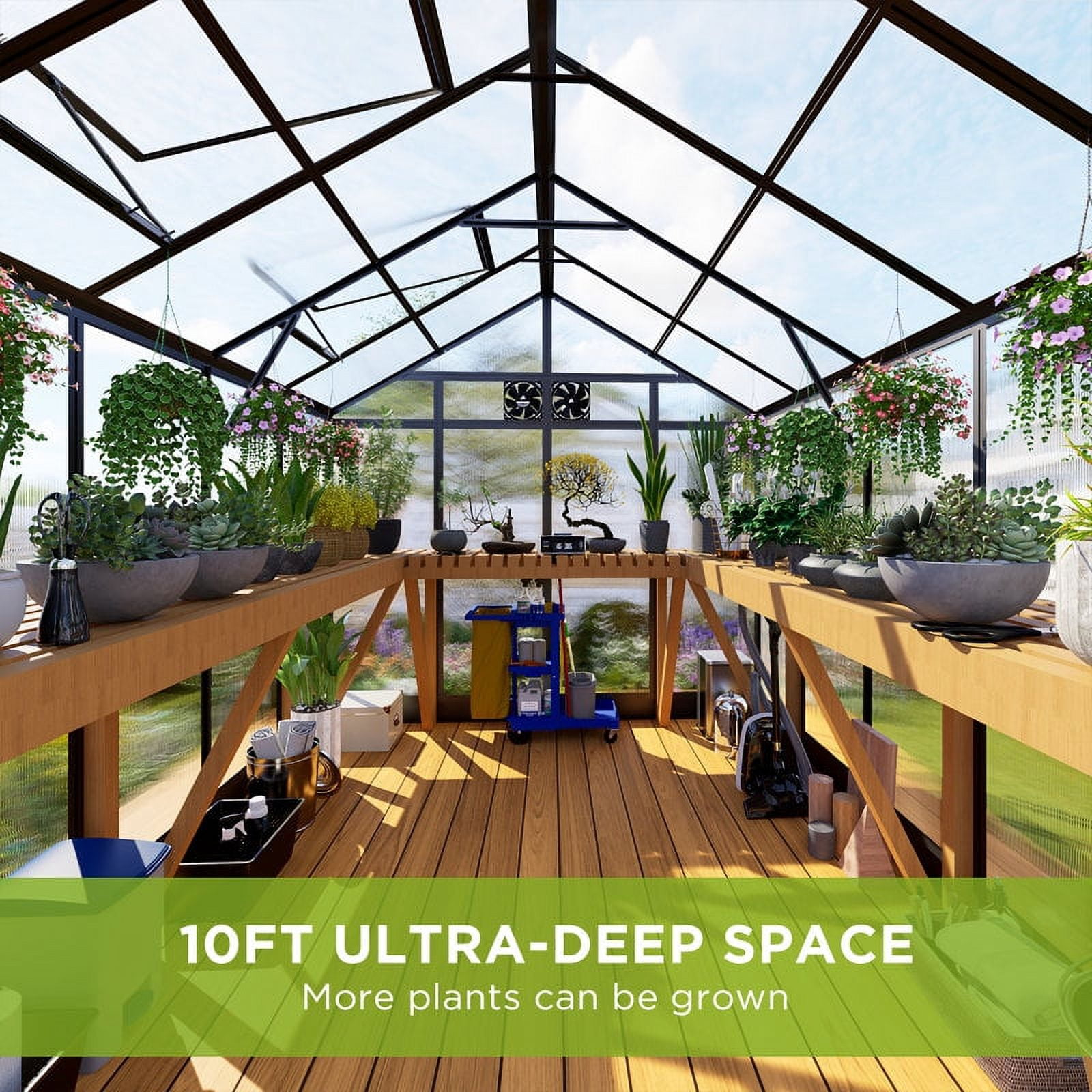 LUXOAK 8x10x7.5 ft Polycarbonate Greenhouse 2 Vents Double Swing Doors 5.2ft Added Wall Height, Black