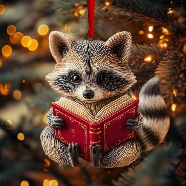 Adorno navideño de mapache lector | Decoración navideña de zorros lectores | Regalo original para amantes de los libros | Adorno duradero para colgar en el árbol | Coleccionable para amantes de los