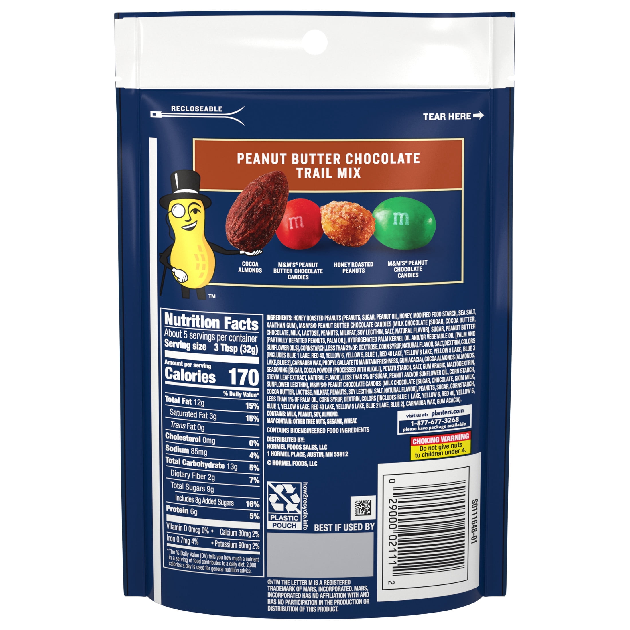 PLANTERS Peanut Butter Chocolate Trail Mix with Honey Roasted Peanuts, Peanut Butter M&M'S Chocolate Candies, Peanut M&M'S Peanut Chocolate Candies and Cocoa Almonds, 6 oz Bag