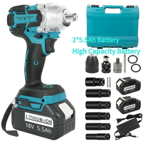 Cordless Impact Wrench Brushless 1/2-inch, 550Nm Max Torque, 3200RPM w/ 2x 5.0Ah Batteries & 6 Sockets - High Power for Car Repair, Home DIY