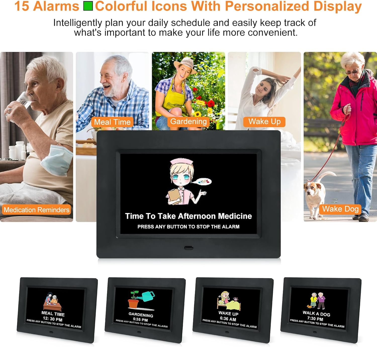 Digital Calendar Dementia Alarm Clock with Day and Date for Elderly - 15 Alarms 5 Colors Display Large Alzheimers Seniors (7in Black)