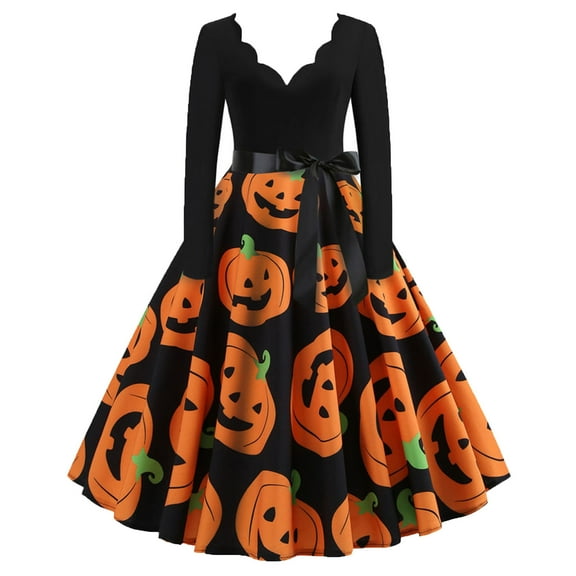 SwiftWear Women's Halloween V-Neck Pumpkin Print Long Sleeve Retro Dress - Spooky Delicate Party Plus Size Dresses with Stretchy Waist S-3XL