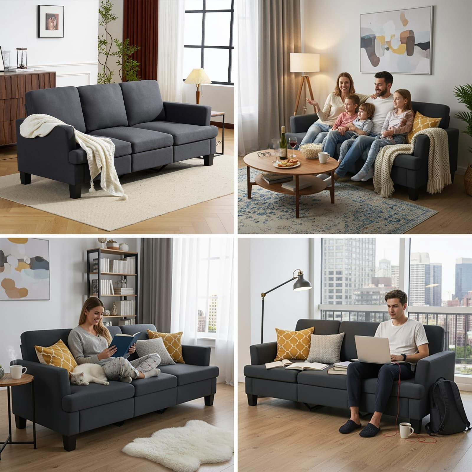 84" Mid Century Modern 3 Seater Sofa Couch, Deep Seat Upholstered Sofa with Armrests, Comfy Linen Couch for Living Room, Bedroom, Apartment & Office, Dark Gray