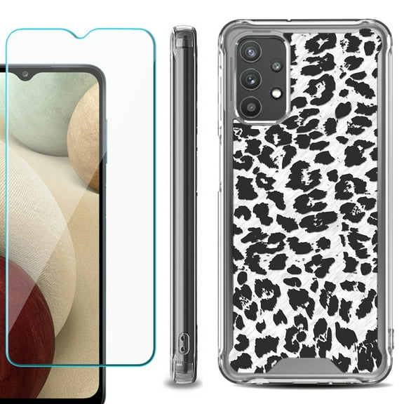 Shockproof Bumper Phone Case for Samsung Galaxy A32 5G, with Tempered Glass Screen Protector, by OneToughShield ® - Cheetah B/W