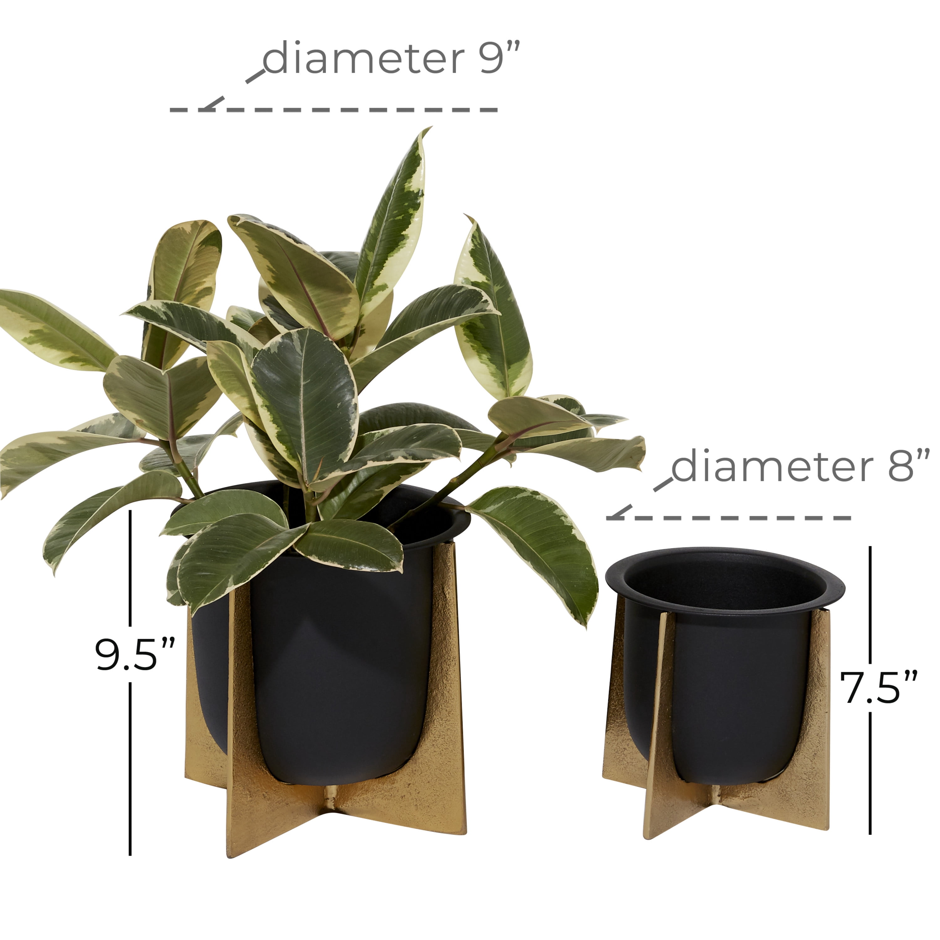 DecMode 9", 7"H Indoor Outdoor Black Metal Planter with Removable Gold Stand (2 Count)