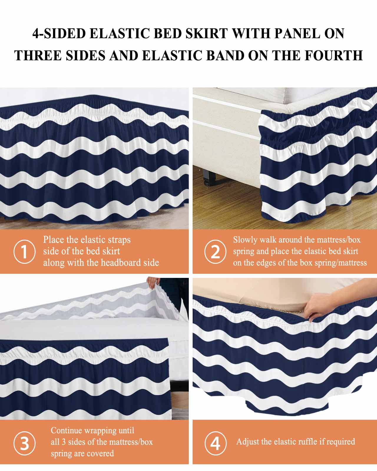 Navy Blue Bed Skirt King Size 16&nbsp;Inch Drop, Wavy Stripes Wrap Around Dust Ruffle Bedskirts, Wrinkle & Fade Resistant Easy Fit Bedskirt with Adjustable Elastic