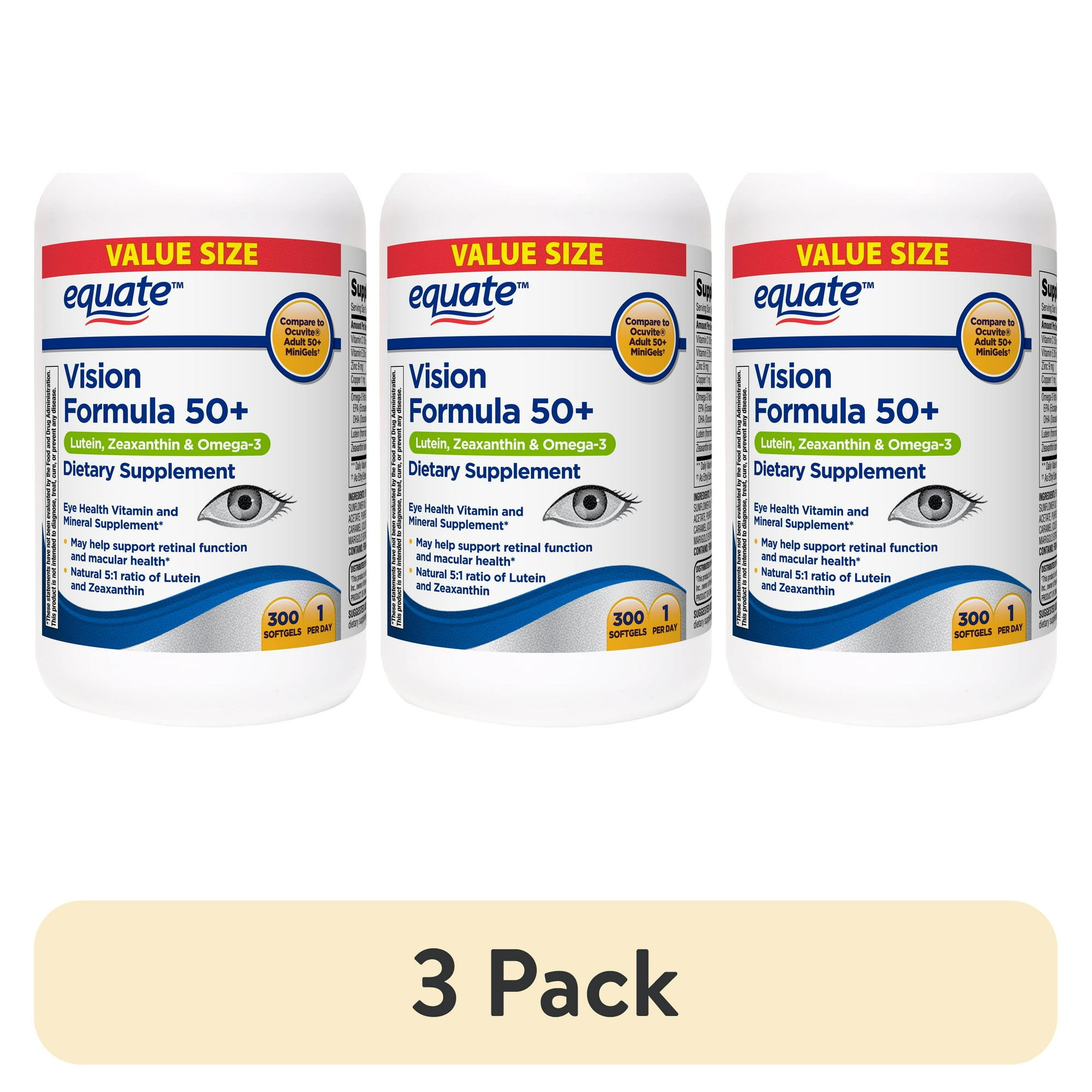 (3 pack) Equate Vision Formula 50+ Dietary Supplement Soft Gels for Eye Health, 300 Count