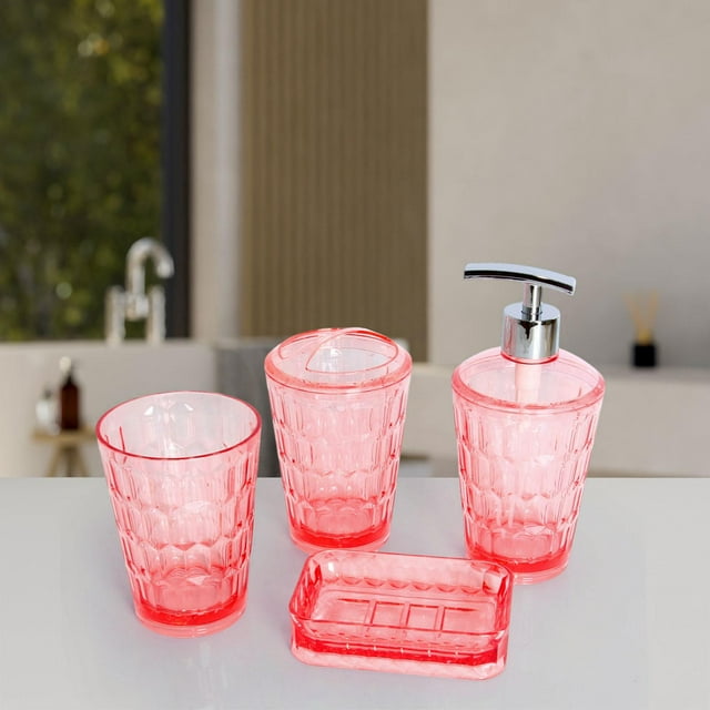 4x Dispensador de jabón, soporte para cepillo de dientes, artículos esenciales para apartamentos, moderno, juego de accesorios de baño, vaso para enju rosa
